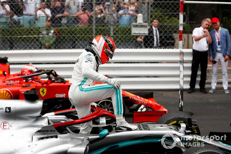 Lewis Hamilton, Mercedes AMG F1, 1st position, celebrates on arrival in Parc Ferme