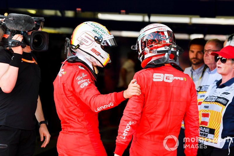 Sebastian Vettel, Ferrari y Charles Leclerc, Ferrari en Parc Ferme