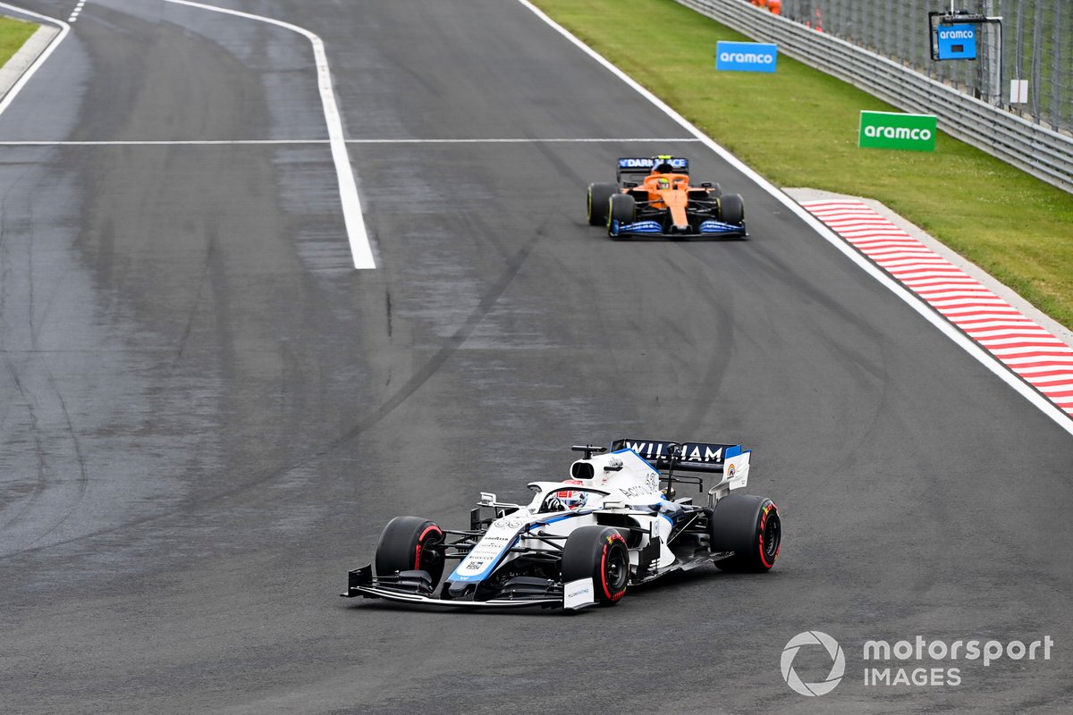 George Russell, Williams FW43, leads Lando Norris, McLaren MCL35