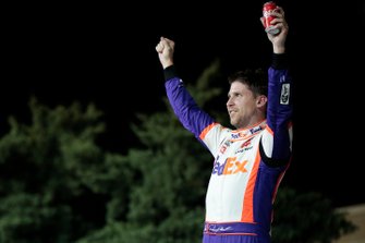 Denny Hamlin, Joe Gibbs Racing, FedEx Office Toyota Camry celebrates his win