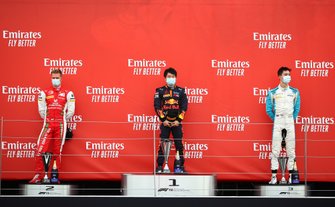 Podium: Race winner Yuki Tsunoda, Carlin, second place Mick Schumacher, Prema Racing, 3rd place Jack Aitken, Campos Racing