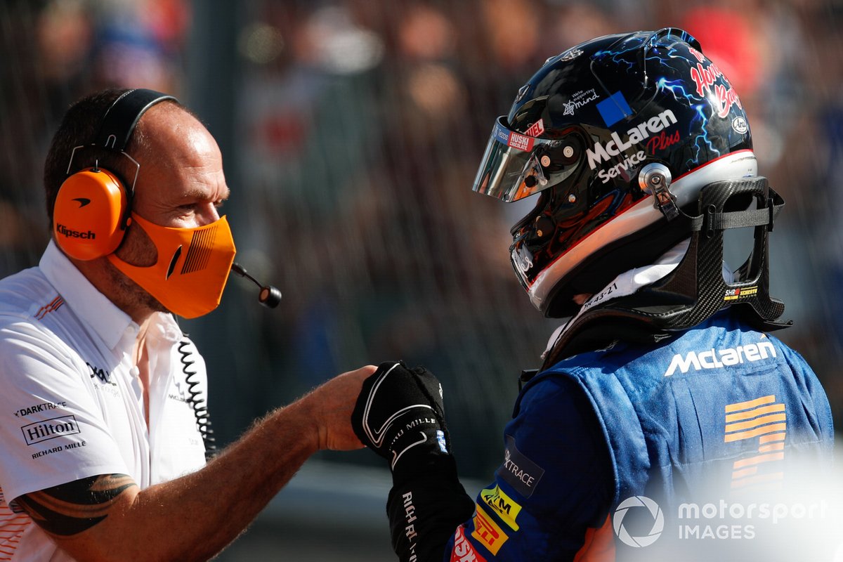 Daniel Ricciardo, McLaren, arrives in Parc Ferme