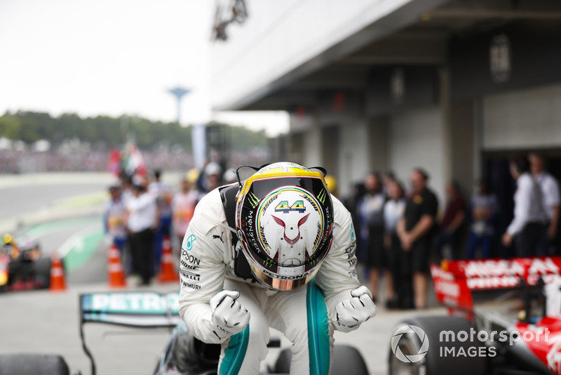 Lewis Hamilton, Mercedes AMG F1, 1st position, celebrates on arrival in Parc Ferme