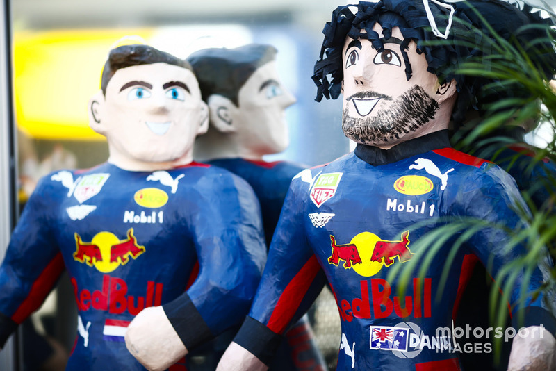 Mascots of Daniel Ricciardo, Red Bull Racing, and Max Verstappen, Red Bull Racing