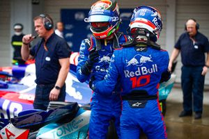 Brendon Hartley, Toro Rosso, and Pierre Gasly, Toro Rosso, congratulate each other in parc ferme after qualifying.