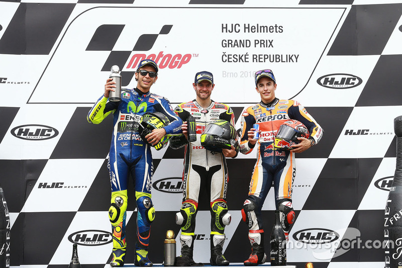 Peraih podium: Cal Crutchlow, Valentino Rossi, dan Marc Marquez