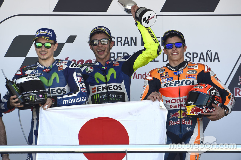 2016: 1. Valentino Rossi, 2. Jorge Lorenzo, 3. Marc Marquez