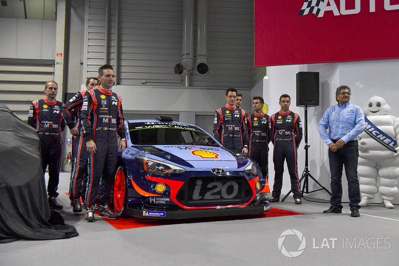 The Hyundai team, including Thierry Neuville, Andreas Mikkelsen, Dani Sordo, Hayden Paddon and team