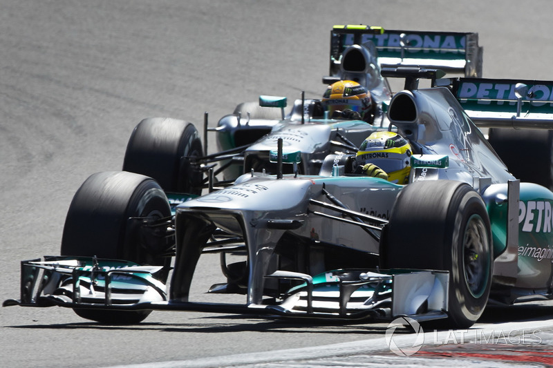 Nico Rosberg, Mercedes W04, leads Lewis Hamilton, Mercedes W04