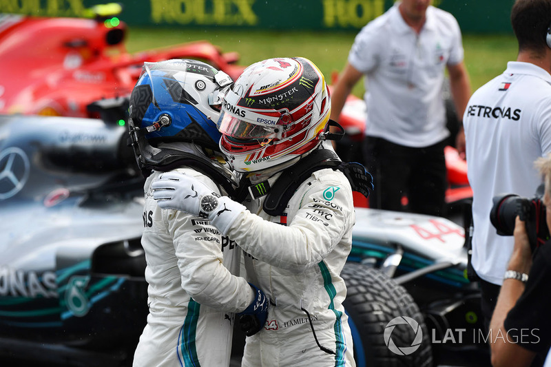 Lewis Hamilton, Mercedes-AMG F1 and Valtteri Bottas, Mercedes-AMG F1 celebrate in parc ferme