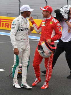Lewis Hamilton, Mercedes-AMG F1 and Sebastian Vettel, Ferrari celebrate in parc ferme