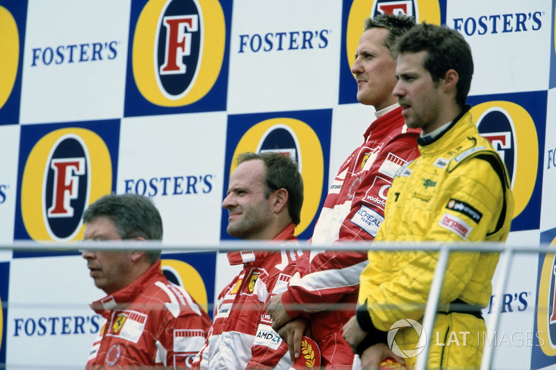 Podium: Race winner Michael Schumacher, Ferrari F2005, second place Rubens Barrichello, Ferrari F2005,  third place Tiago Monteiro, Jordan Toyota EJ15 and Ross Brawn, Ferrari