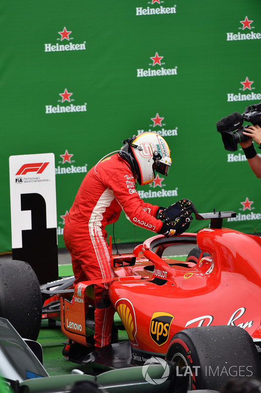 Race winner Sebastian Vettel, Ferrari SF71H celebrates in parc ferme