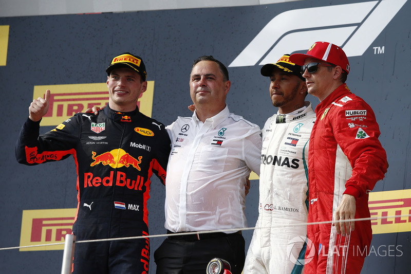 Max Verstappen, Red Bull Racing, Ron Meadows, Mercedes AMG F1 Team Manager, Lewis Hamilton, Mercedes-AMG F1 and Kimi Raikkonen, Ferrari celebrate on the podium