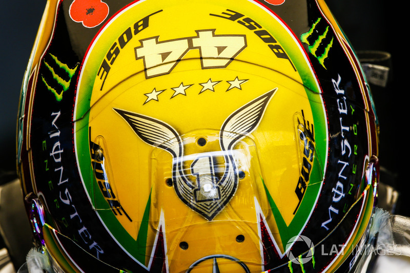 The helmet of Lewis Hamilton, Mercedes AMG F1, celebrating his fourth world drivers championship title
