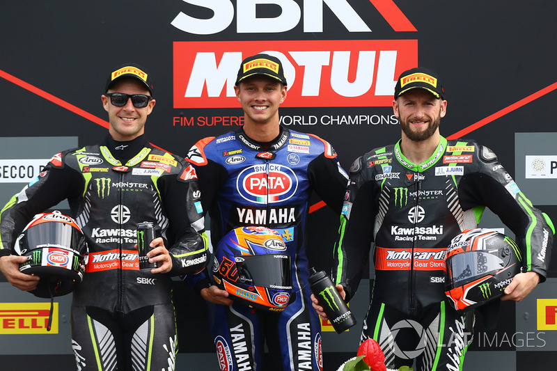 Podium: second place Jonathan Rea, Kawasaki Racing, second place Jonathan Rea, Kawasaki Racing, third place Tom Sykes, Kawasaki Racing