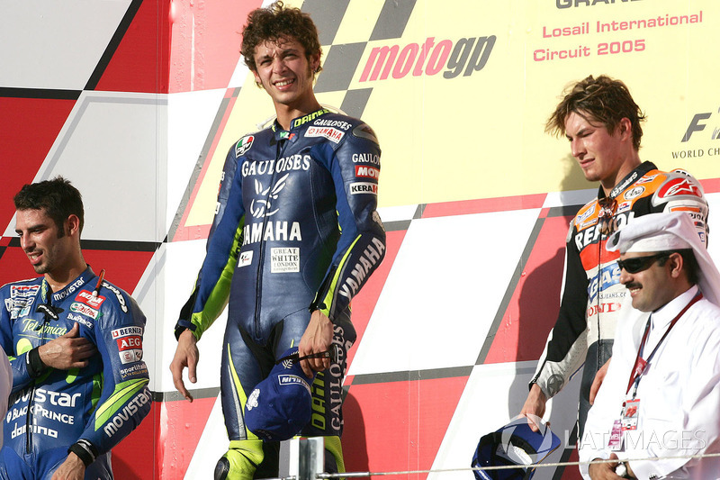 Podium : le vainqueur Valentino Rossi, Yamaha Factory Racing, le deuxième Marco Melandri, Honda, le troisième Nicky Hayden, Honda