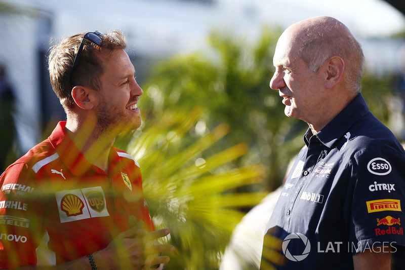 Sebastian Vettel, Ferrari, with Adrian Newey, Chief Technical Officer, Red Bull Racing