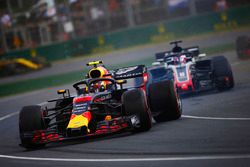 Max Verstappen, Red Bull Racing RB14 Tag Heuer, spins ahead of Romain Grosjean, Haas F1 Team VF-18 Ferrari