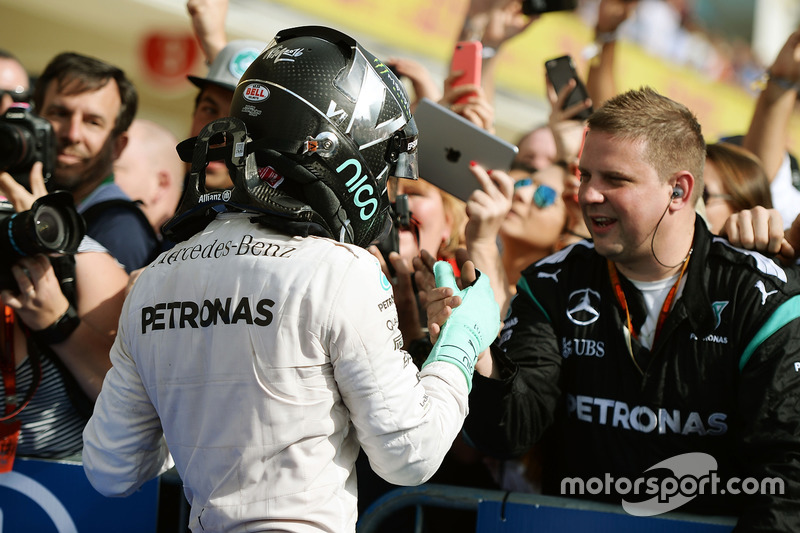 Nico Rosberg, Mercedes AMG F1 celebrates his second position with the team in parc ferme