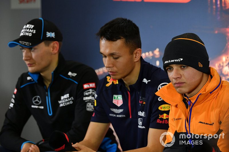George Russell, Williams Racing, Alexander Albon, Red Bull Racing and Lando Norris, McLaren in the press conference