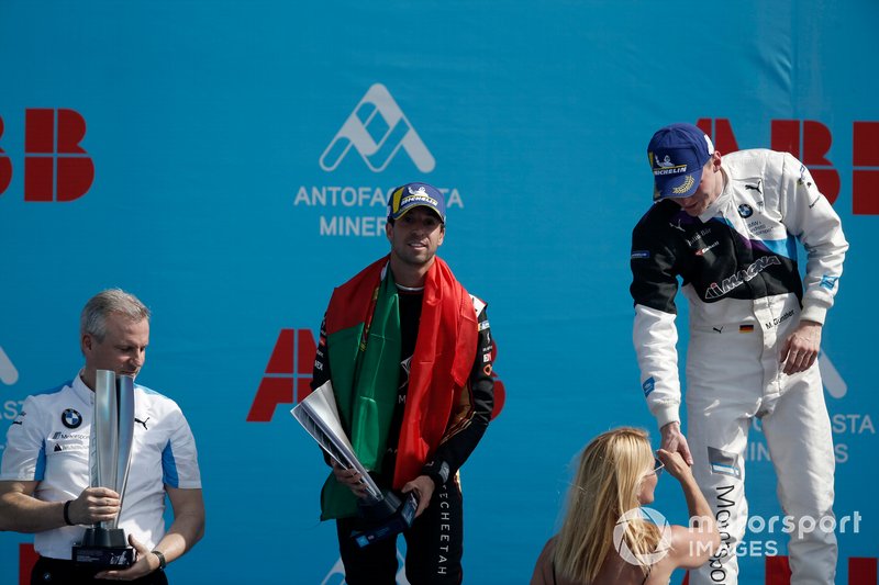 Antonio Felix da Costa, DS Techeetah, 2nd position celebrates on the podium with Race winner Maximilian Günther, BMW I Andretti Motorsports