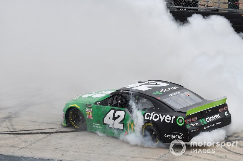 Kyle Larson, Chip Ganassi Racing, Chevrolet Camaro Clover, celebrates after winning.