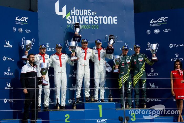 #91 PORSCHE GT TEAM - Porsche 911 RSR - 19: Gianmaria Bruni, Richard Lietz,#92 PORSCHE GT TEAM - Porsche 911 RSR - 19: Michael Christensen, Kevin Estre, #97 ASTON MARTIN RACING - Aston Martin Vantage AMR: Alexander Lynn, Maxime Martin, Podium