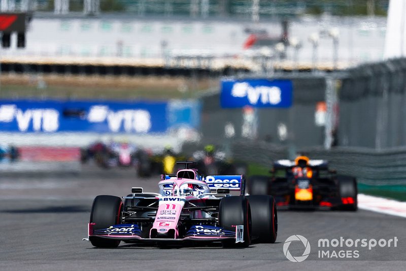 Sergio Perez, Racing Point RP19, leads Max Verstappen, Red Bull Racing RB15