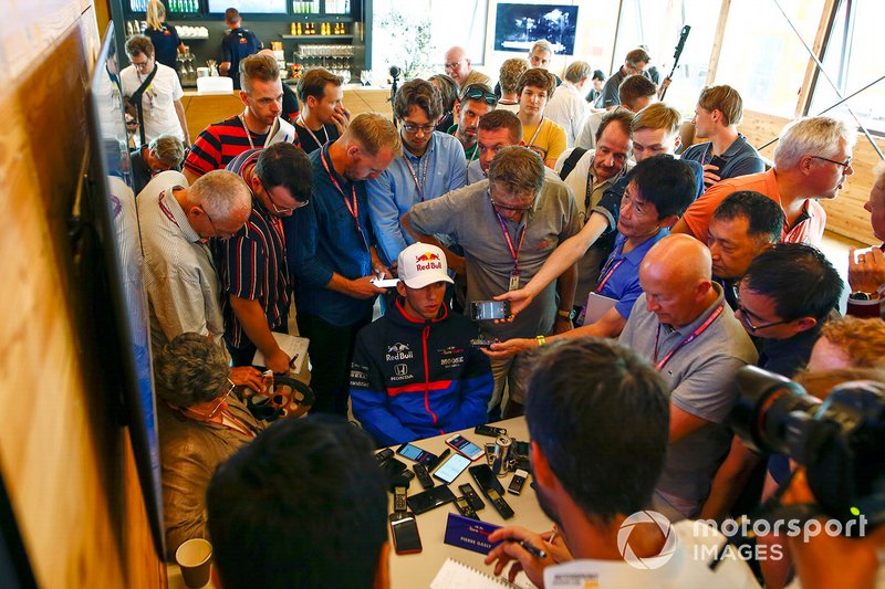 Pierre Gasly, Toro Rosso, talks to the media