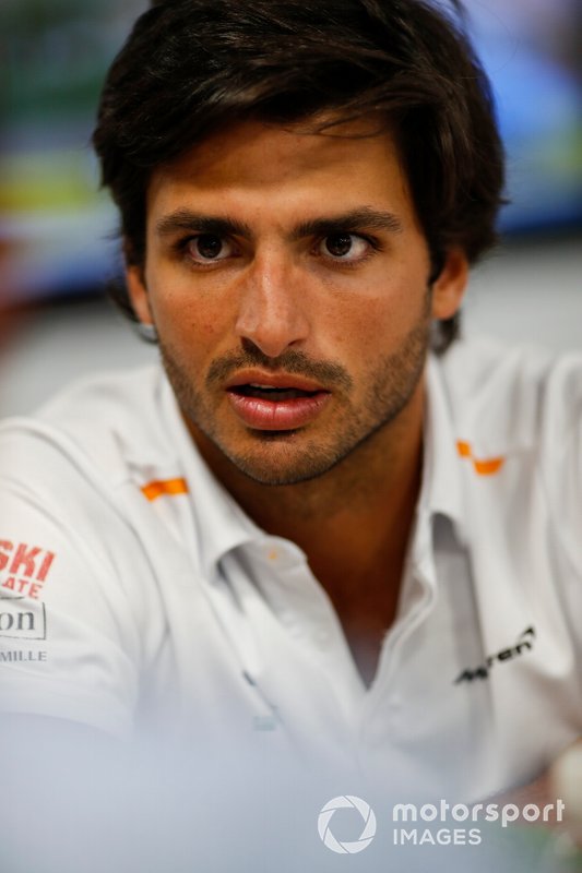 Carlos Sainz Jr., McLaren, talks to the media