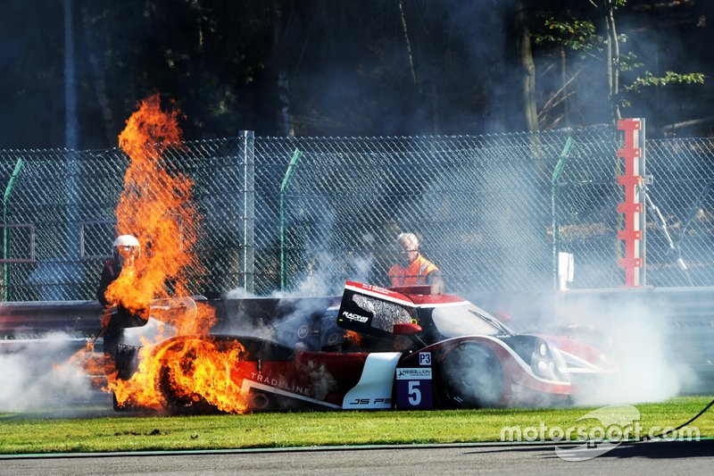 #5 360 Racing Ligier JS P3 Nissan: John Corbett, Andreas Laskaratos, James Winslow on fire