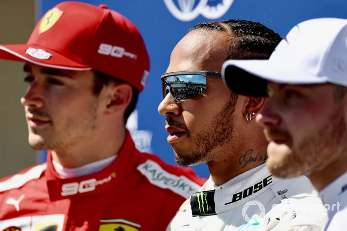 Top three Qualifiers, Charles Leclerc, Ferrari, pole man Lewis Hamilton, Mercedes AMG F1, and Valtteri Bottas, Mercedes AMG F1
