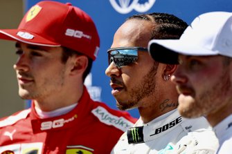 Top three Qualifiers, Charles Leclerc, Ferrari, pole man Lewis Hamilton, Mercedes AMG F1, and Valtteri Bottas, Mercedes AMG F1