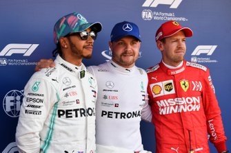 Le top 3 : Lewis Hamilton, Mercedes AMG F1, le poleman Valtteri Bottas, Mercedes AMG F1, et Sebastian Vettel, Ferrari