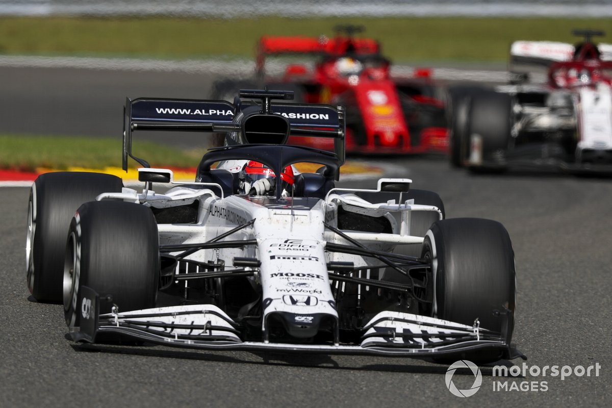 Daniil Kvyat, AlphaTauri AT01, Kimi Raikkonen, Alfa Romeo Racing C39, and Sebastian Vettel, Ferrari SF1000