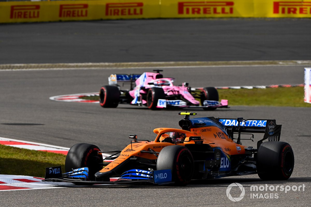Lando Norris, McLaren MCL35, Sergio Perez, Racing Point RP20