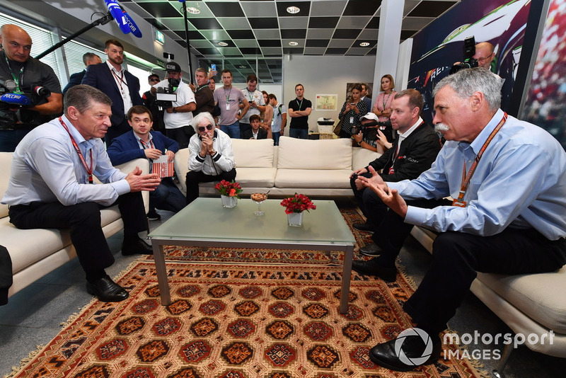 Chase Carey, Chief Executive Officer and Executive Chairman of the Formula One Group, Dmitry Kozak, Deputy Prime Minister of the Russian Federation, Sergey Vorobyev, Sochi Autodrom Deputy General Director and Bernie Ecclestone