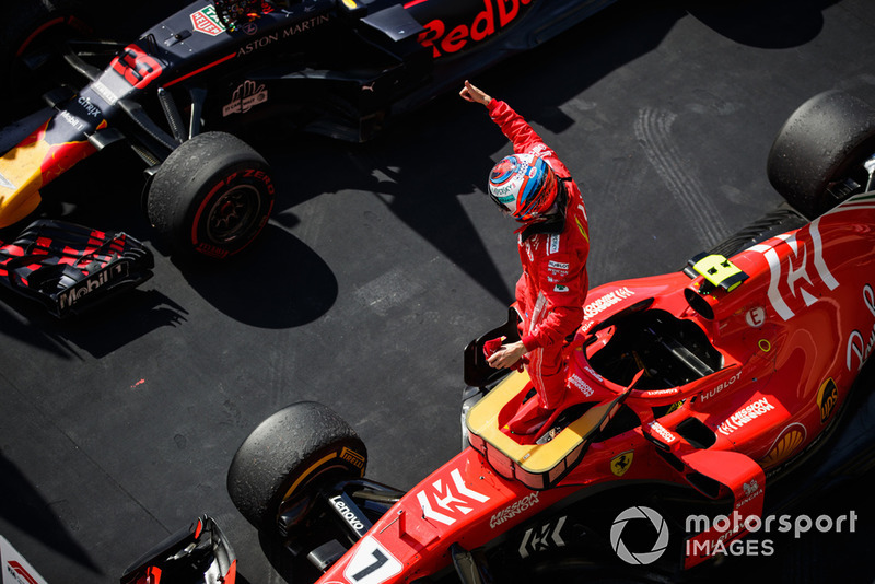 Kimi Raikkonen, Ferrari, 1st position, celebrates on arrival in Parc Ferme