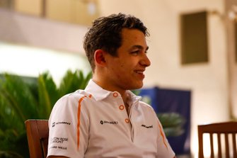 Lando Norris, McLaren, talks to the media