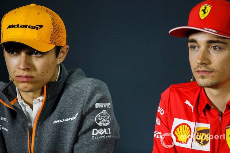 Lando Norris, McLaren and Charles Leclerc, Ferrari in Press Conference