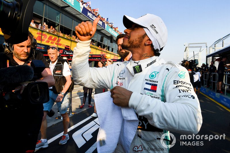 Lewis Hamilton, Mercedes AMG F1, after securing pole position