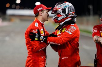 Charles Leclerc, Ferrari viert pole position in Parc Ferme met Sebastian Vettel, Ferrari