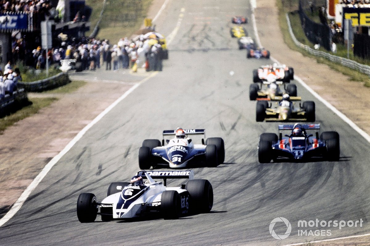 Ricardo Zunino, Brabham BT49 Ford, leads Eddie Cheever, Osella FA1 Ford, and Mario Andretti, Lotus 81 Ford