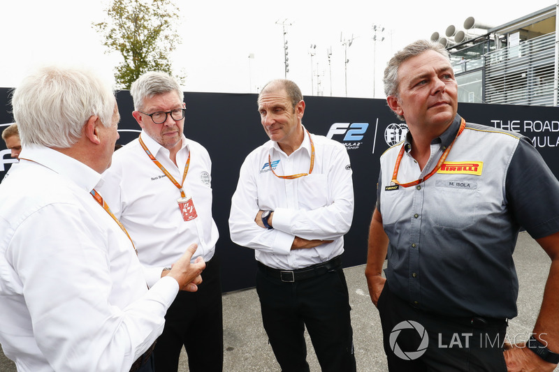 Charlie Whiting, Ross Brawn, Bruno Michel and Mario Isola at the unveiling of the new 2018 F2 car