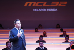 Zak Brown, Executive Director of McLaren Technology Group, on stage at the launch of the McLaren MCL32