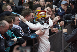 Lewis Hamilton, Mercedes AMG, celebrates with his team on arrival in parc ferme