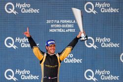 Jean-Eric Vergne, Techeetah, celebrates on the podium after winning the race