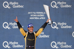 Jean-Eric Vergne, Techeetah, celebrates on the podium after winning the race