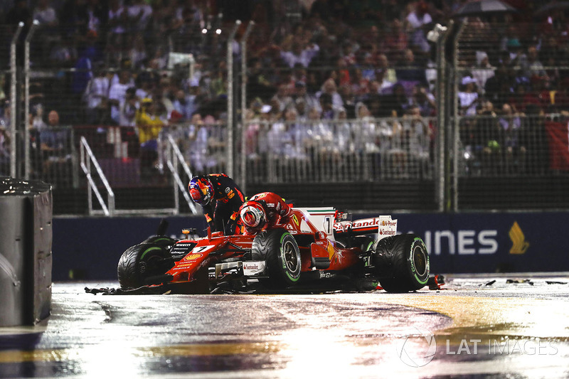 Kimi Raikkonen, Ferrari SF70H, Max Verstappen, Red Bull Racing RB13, climb out of their damaged cars